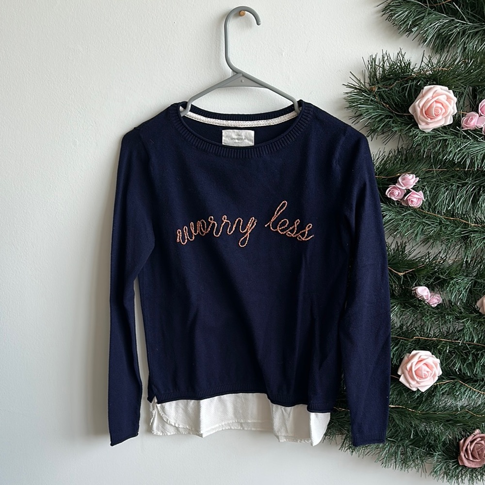 Navy Blue Women's Top with 'Worry Less' Embroidery - Springfield